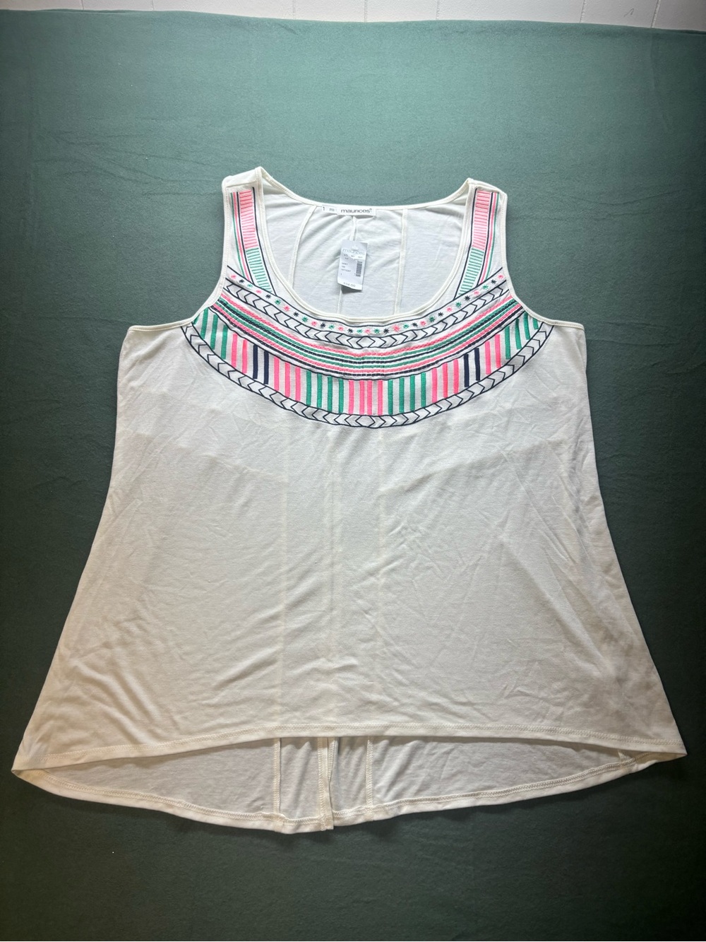 Maurices Cream Tank Top with Pink & Green Embroidered Yoke